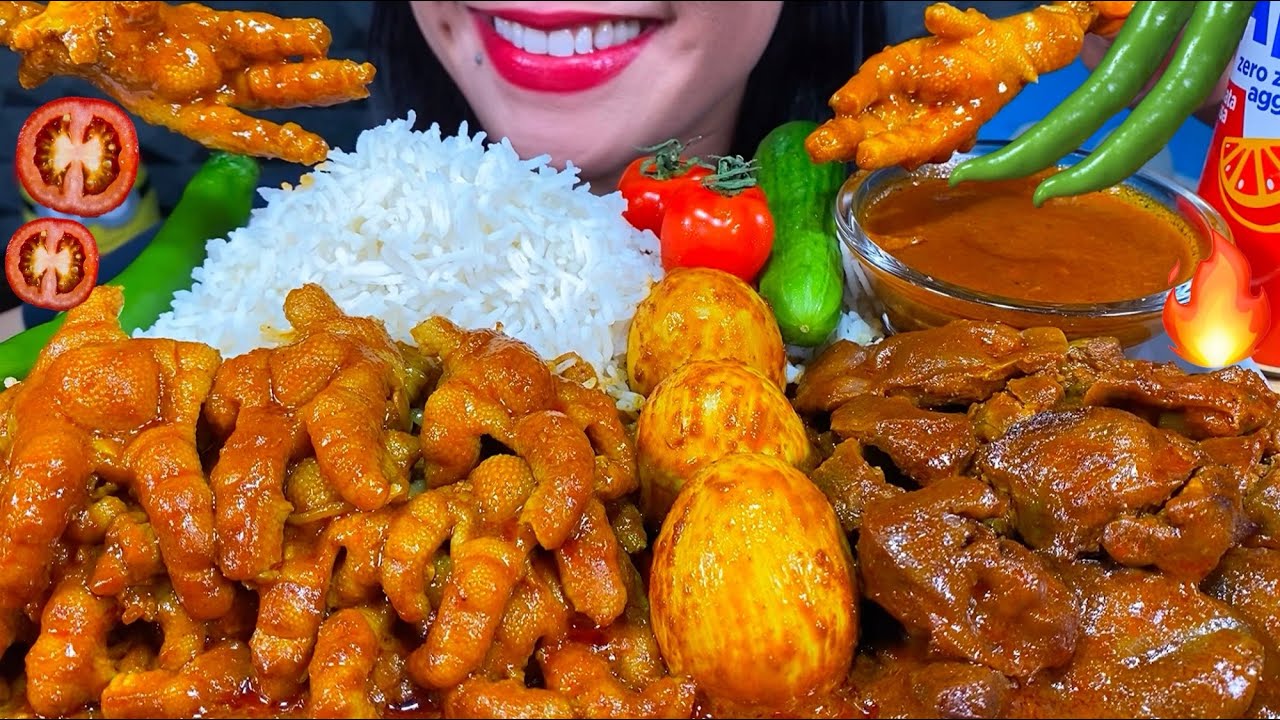 ASMR SPICY CHICKEN FEET CURRY, CHICKEN LIVER & GIZZARD CURRY, EGG CURRY, RICE MASSIVE Eating Sounds