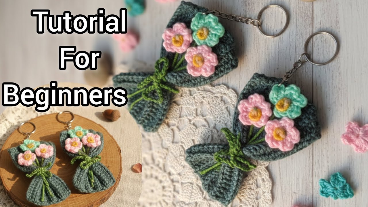 Crochet flower bouquet Keychain making at home, easy tutorial crochet flower bouquet Keychain #diy 