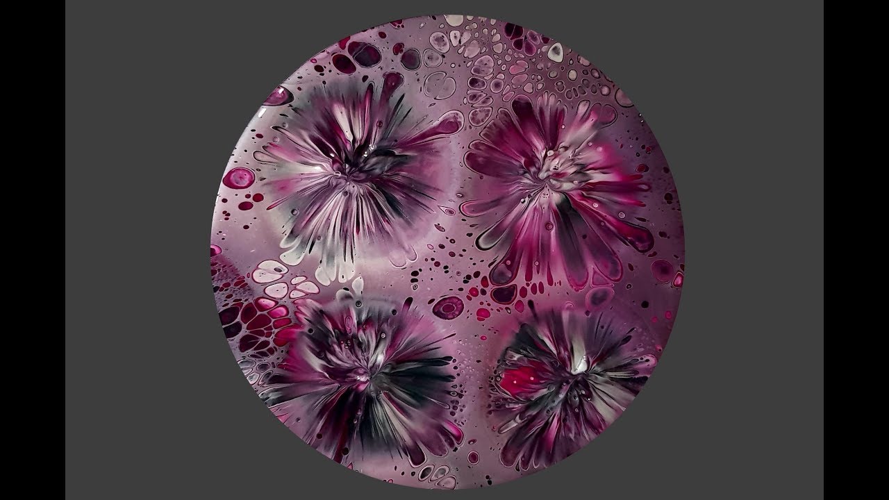 #383 Flip Cup Pour In Plum, Silver And Black On Round Canvas