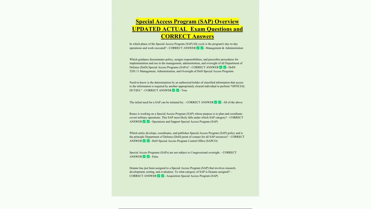 Special Access Program SAP Overview UPDATED ACTUAL Exam Questions and CORRECT Answers