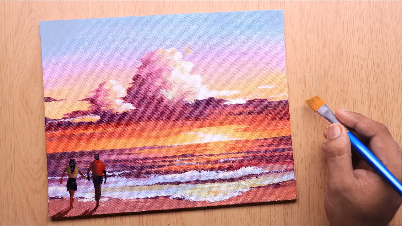 Acrylic painting of Beautiful sunset beach with couple step by step