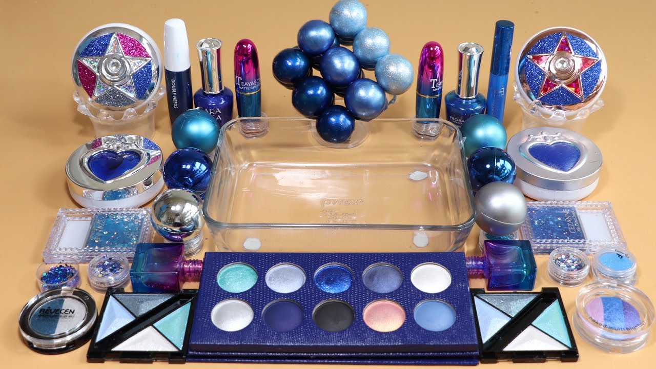 Mixing'Galaxy Blue'Eyeshadow,Makeup and glitter Into Slime!Satisfying Slime Video!★ASMR★