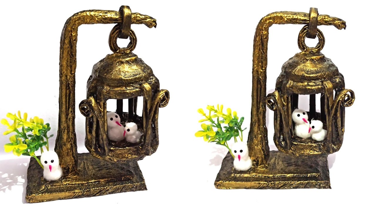 How to make bird cage from newspapers / Newspaper crafts  / bird house showpiece from newspaper