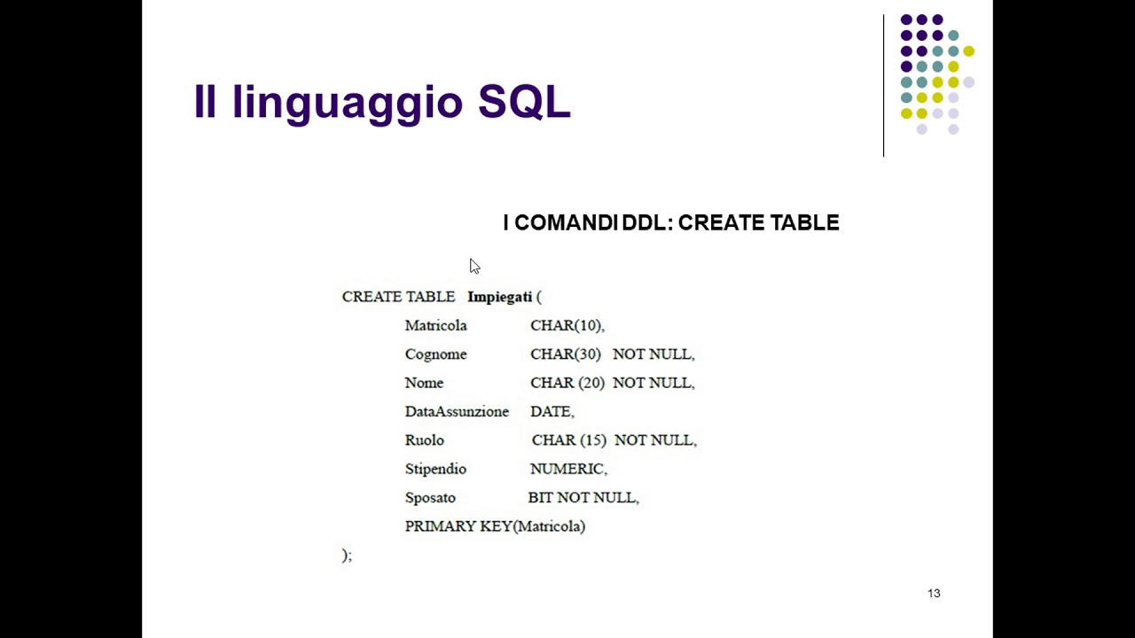 I comandi DDL: istruzione CREATE TABLE