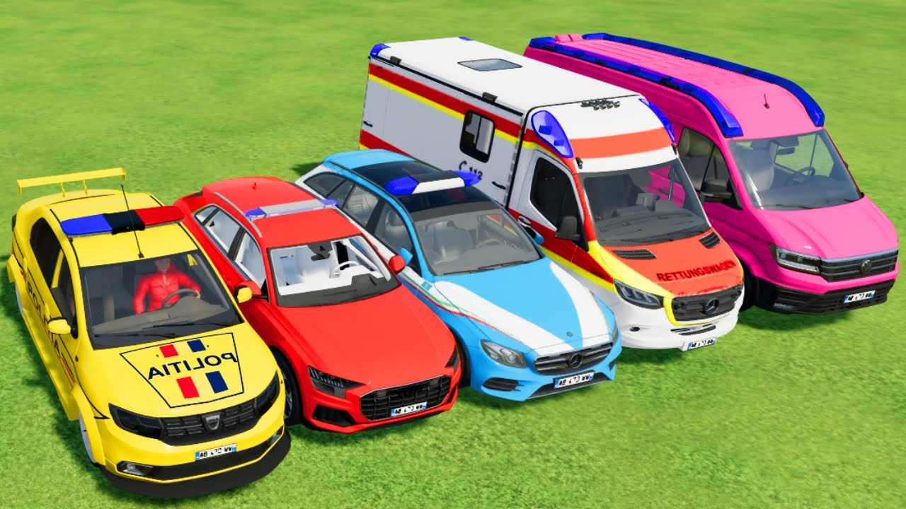 TRANSPORTING POLICE CARS, AMBULANCE, FIRE TRUCK, COLORFUL CARS WITH TRUCK -FARMING SIMULATOR 22!