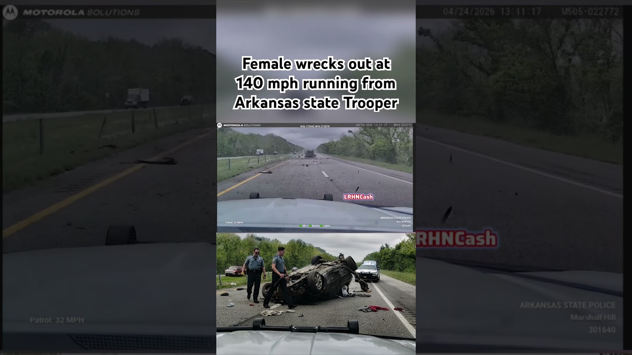 Female wrecks out at 140 mph running fromArkansas state Trooper #policechase #police #cops