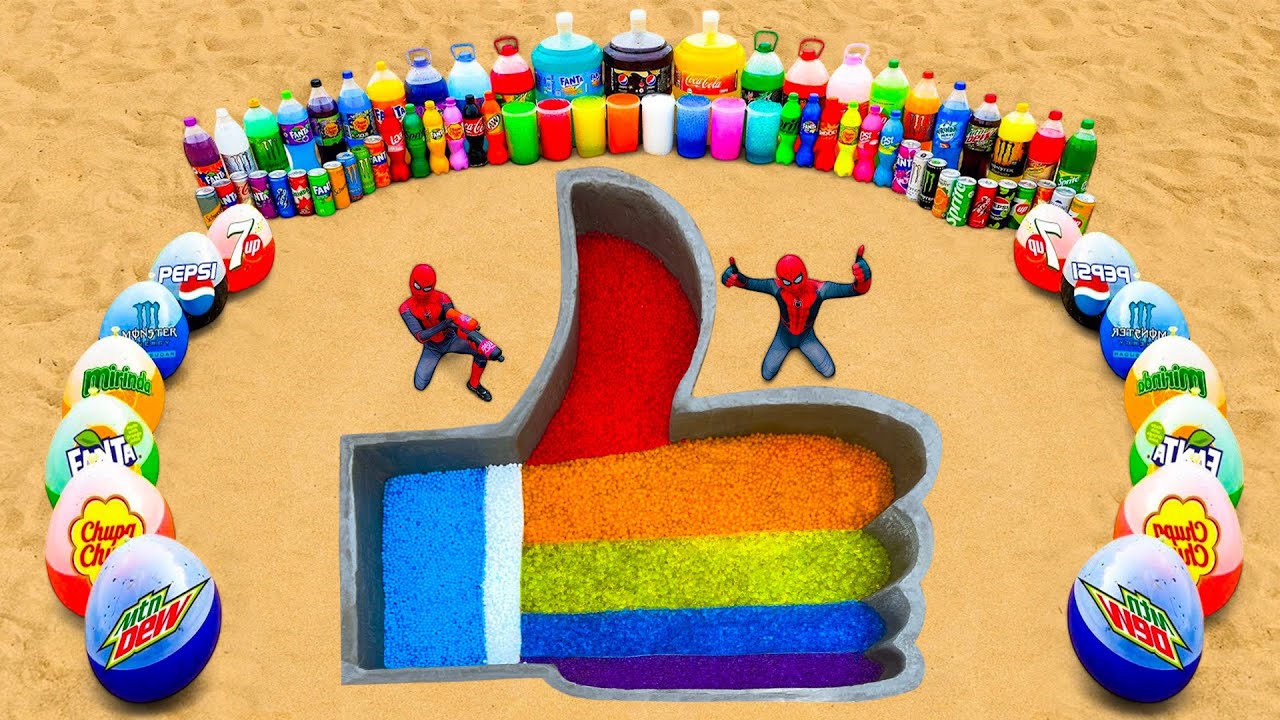 Spiderman & Big Toothpaste Eruption from Like Button pit, Giant Pepsi, 7up, Coca Cola & Mentos