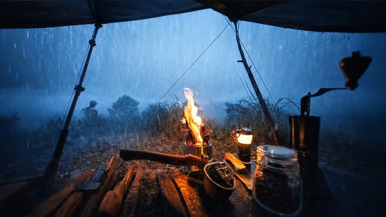 Один в кемпинге под сильным дождём 🌧️ Уютный костёр и звуки дождя