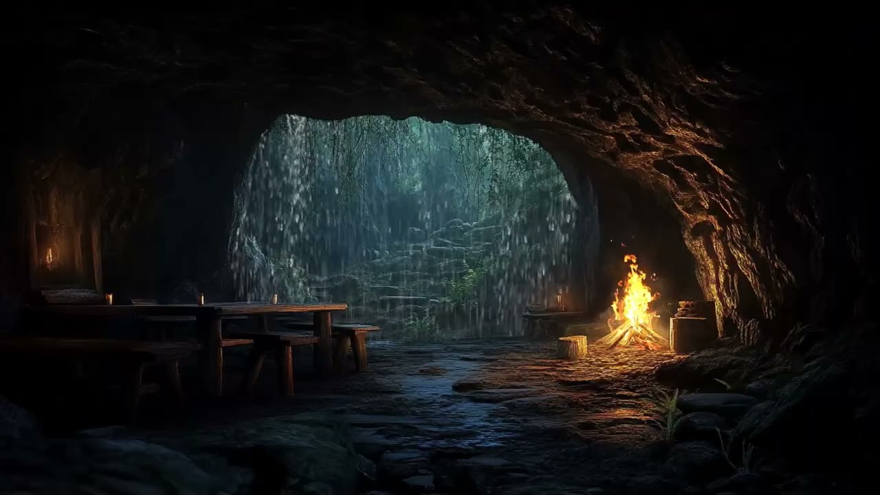 Night Rain and Crackling Fire Echoing Through a Calm Forest Cave | Relax Sleep and Study