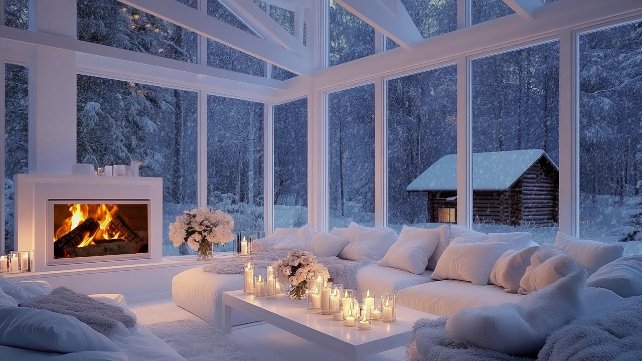 🔥🎼 Relaxing Winter Piano Lounge | Firelight, Snow & Flowers For 4 Hours | Focus Stress Relief