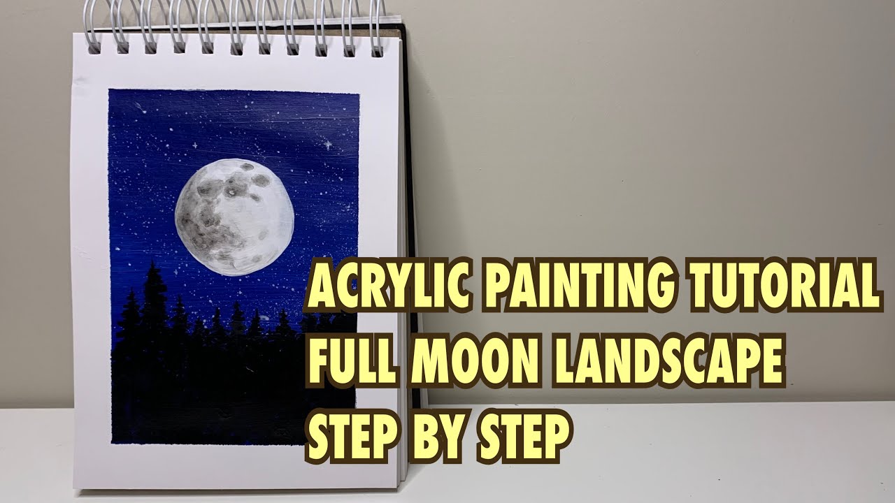 How to draw full moon landscape. Acrylic painting tutorial. Free art lessons. Drawing tutorial.