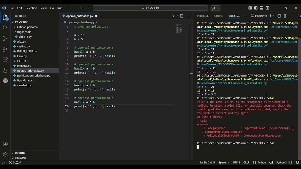 PENGENALAN PYTHON NO 8● operasi aritmatika py   PY VSCODE   Visual Studio Code 2026 02 20 06 14 03