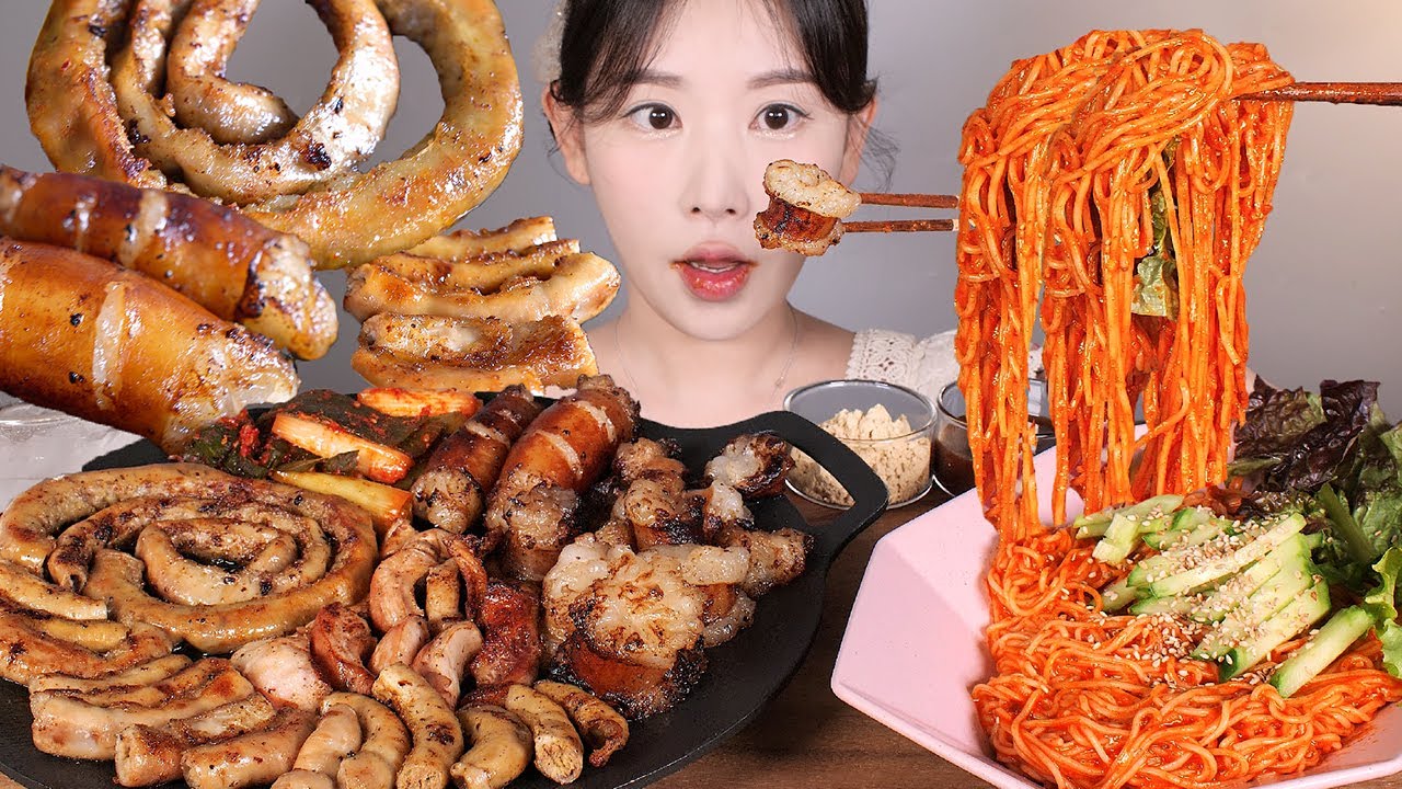 쫠깃탱글 곱대막💕 소곱창 소대창 소막창 매운비빔국수 먹방 Grilled Beef intestines [eating show] mukbang korean food