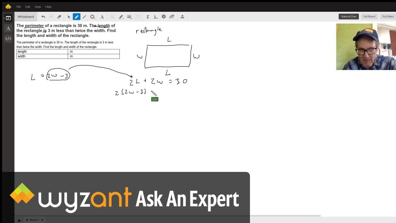 Finding length and width in a perimeter problem.