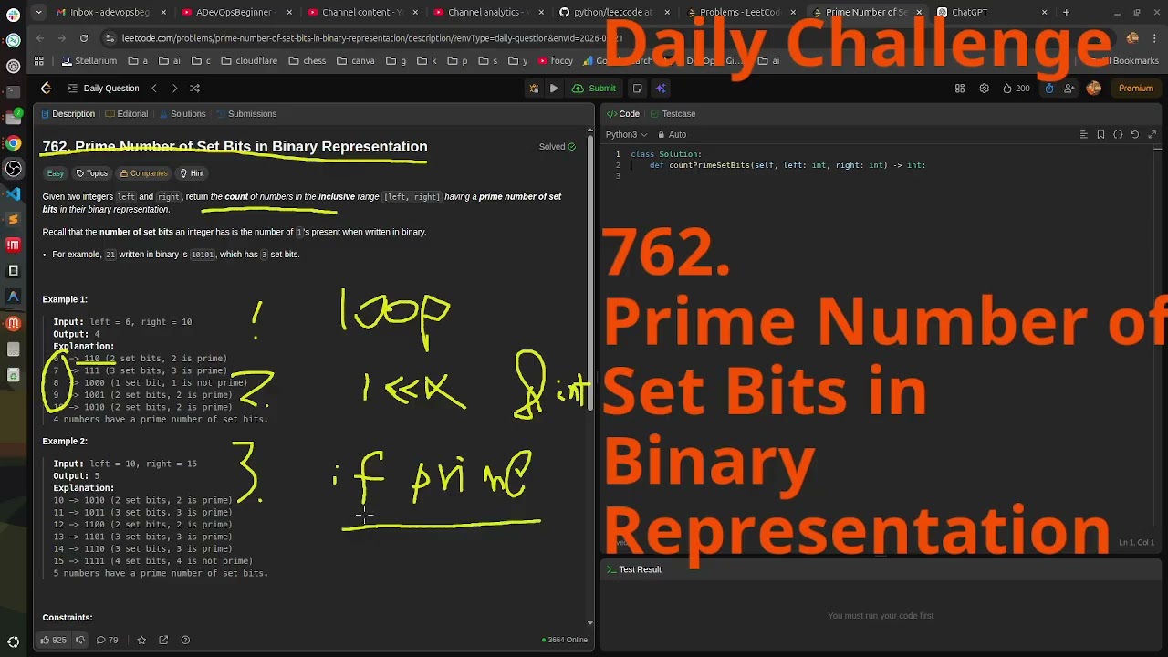 Leetcode Daily Challenge 762. Prime Number of Set Bits in Binary Representation #python #dsa