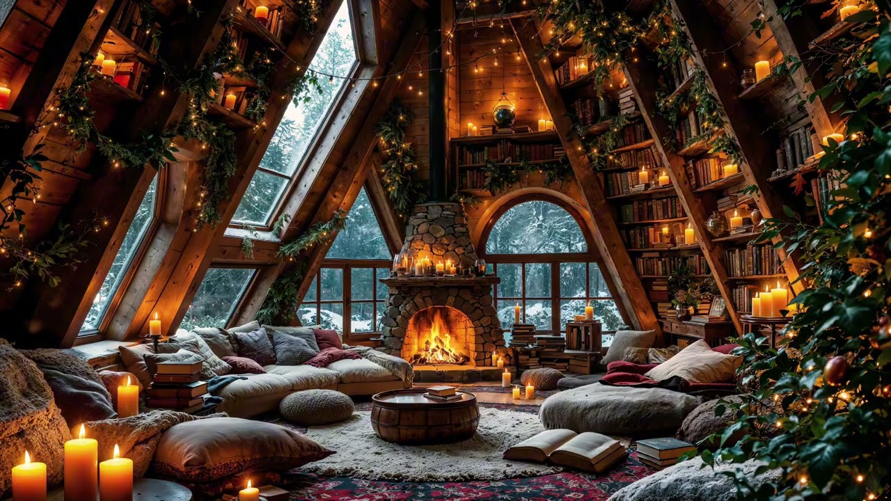 Cozy Cabin Ambience 🔥 Fireplace Crackling Sounds with Winter for Relaxation, Sleep & Study