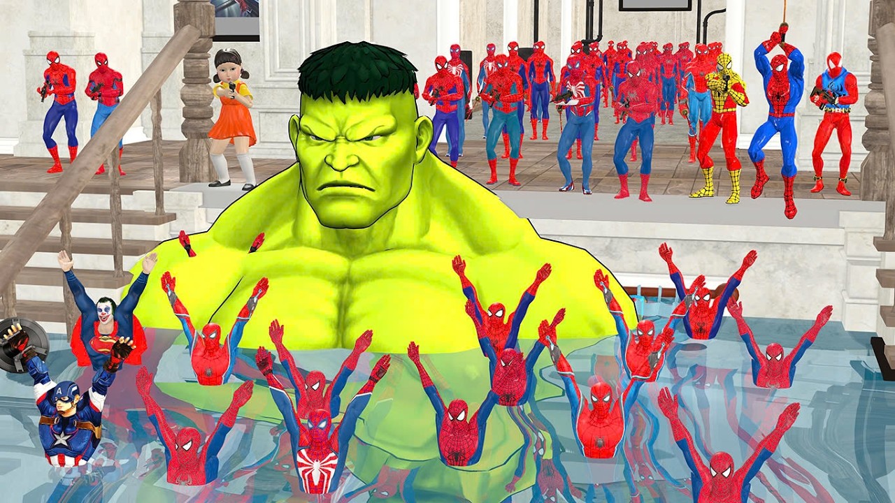 Game Playing Spider-Man Sword challenge through gap Rescue Superman vs Venom vs Squid game