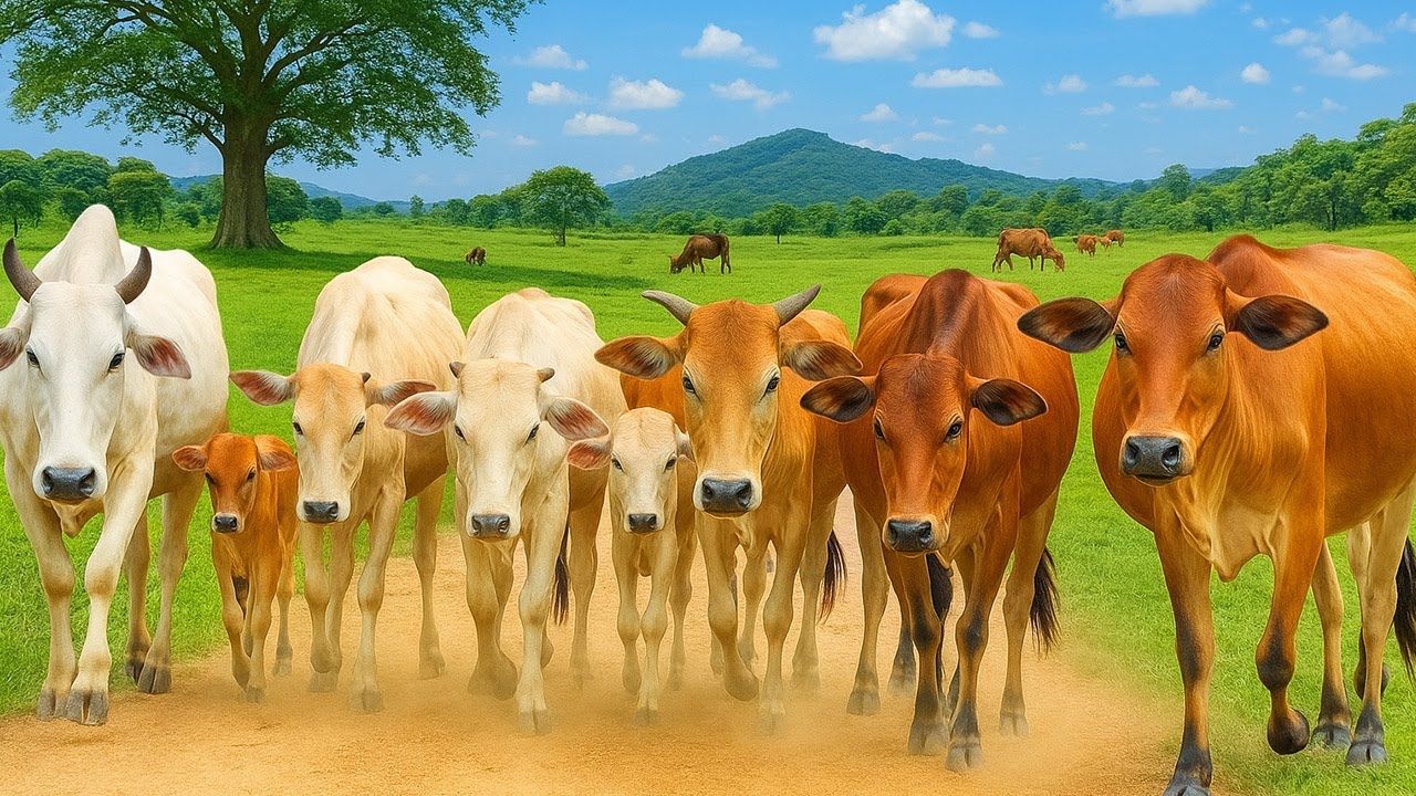 Mengembalakan sapi lembu jinak yang berjalan memasuki area ladang rumput hijau||suasana alam sejuk.