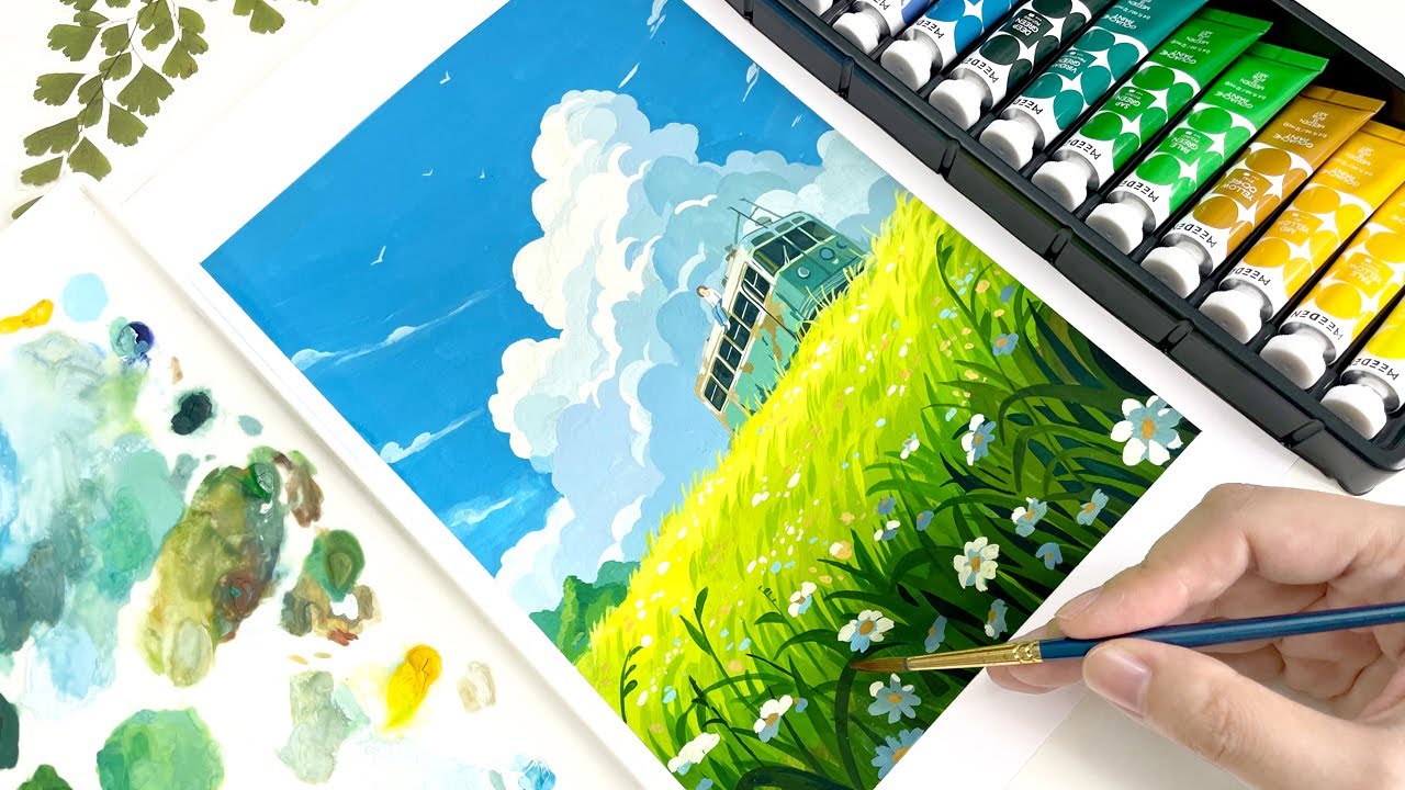 Cozy Art Video / Studio Ghibli Painting / Landscape Painting with Gouache / Paint with Me 🌿☁️