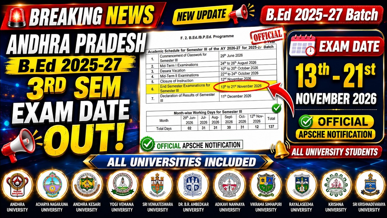 Andhra Pradesh B.Ed 3rd Semester Exam Date Out 🔥Official  Date | All Universities Exam Schedule 2026
