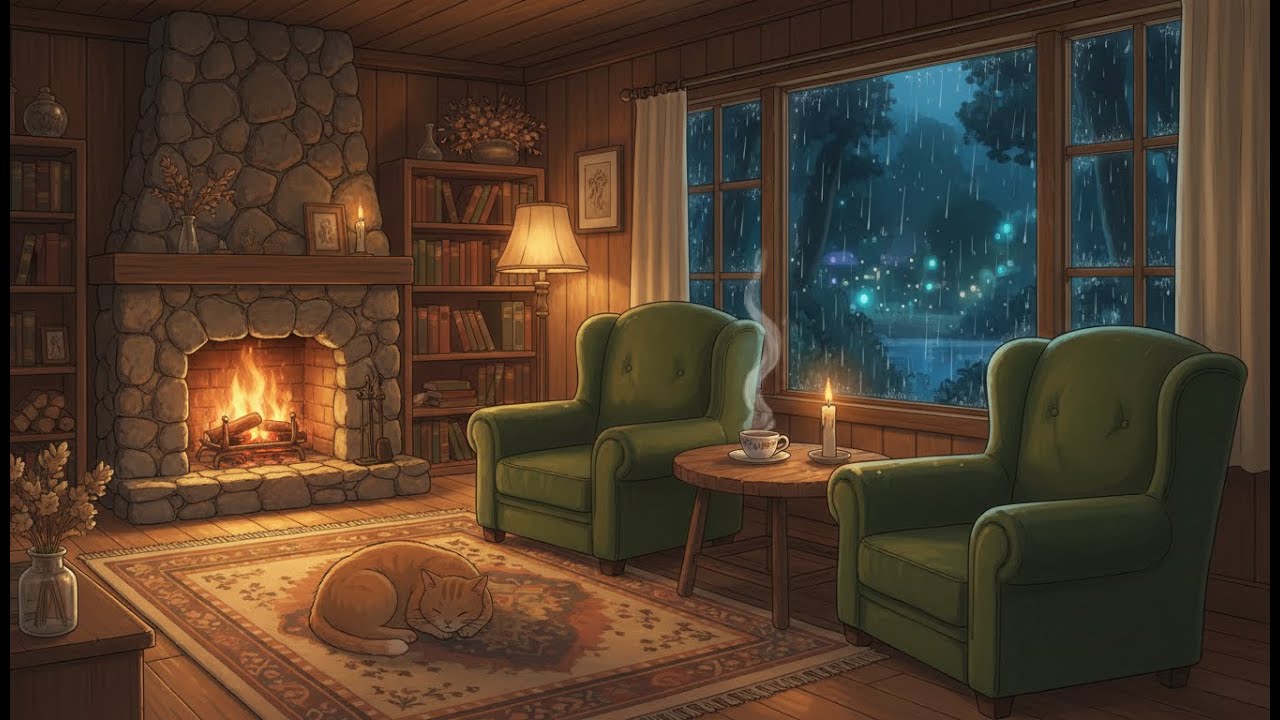 Calm Lofi Fireplace in a Cozy Cabin 🌙🔥 | Soothing Night for Sleep & Rest