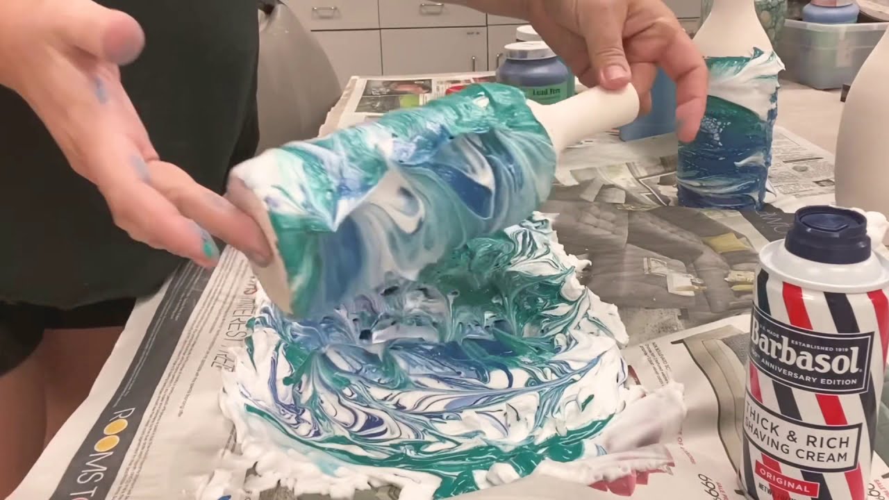 Experimenting with marbling underglaze on porcelain pottery (using shaving cream!)