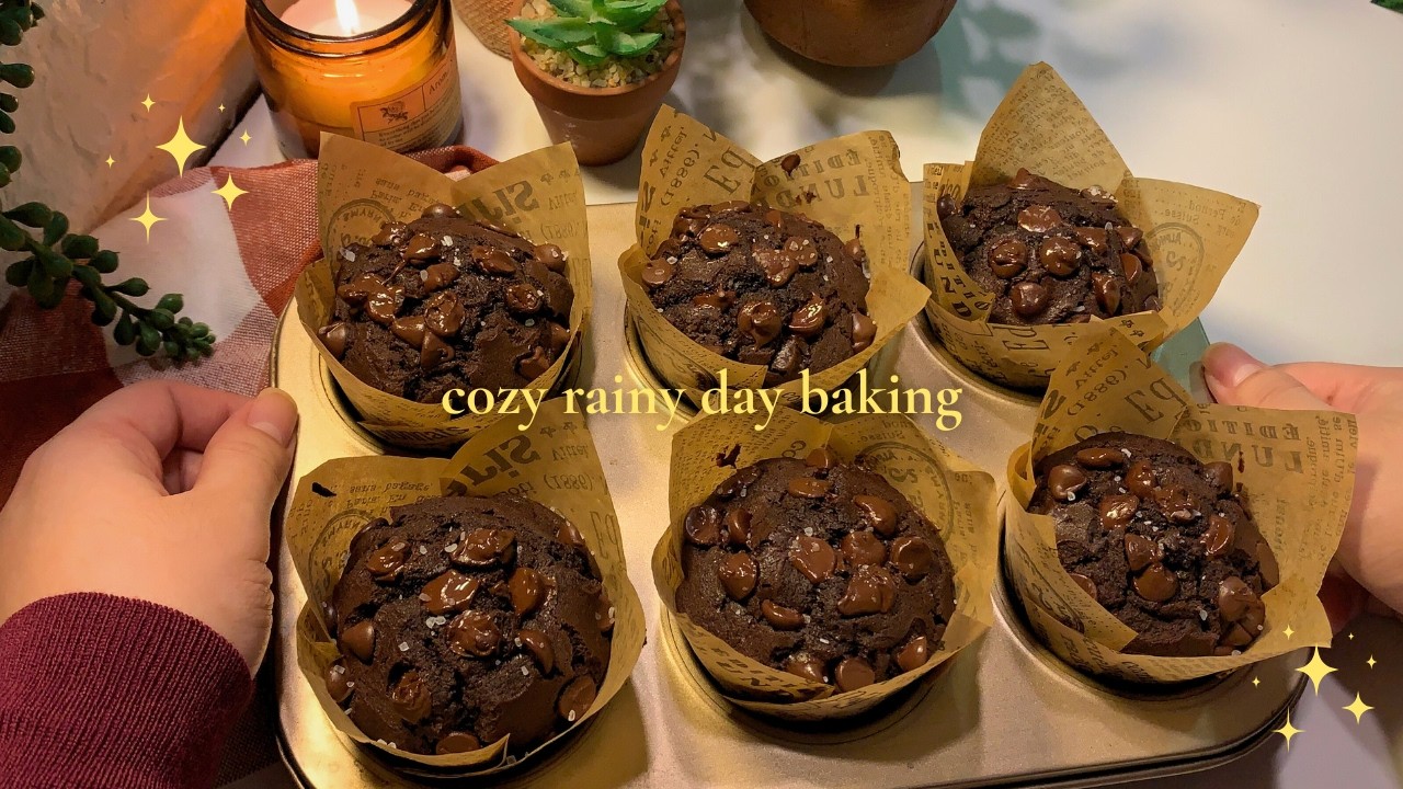 Bakery Style Double Chocolate Muffins ♡ Cozy and Rainy Night Baking
