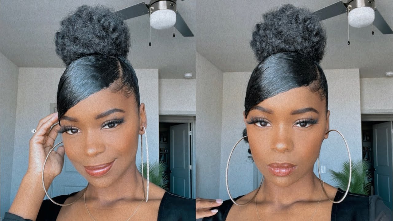 HIGH BUN W/ SIDE SWOOP BANG AND CURL | NO HEAT | NATURAL HAIR