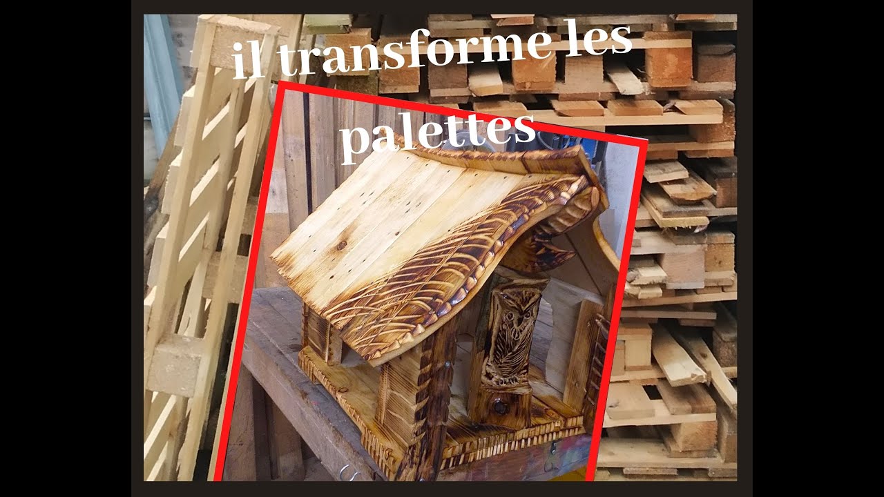 transformer les palettes en magnifique mangeoire à oiseaux style cabane canadienne sculpter un hibou