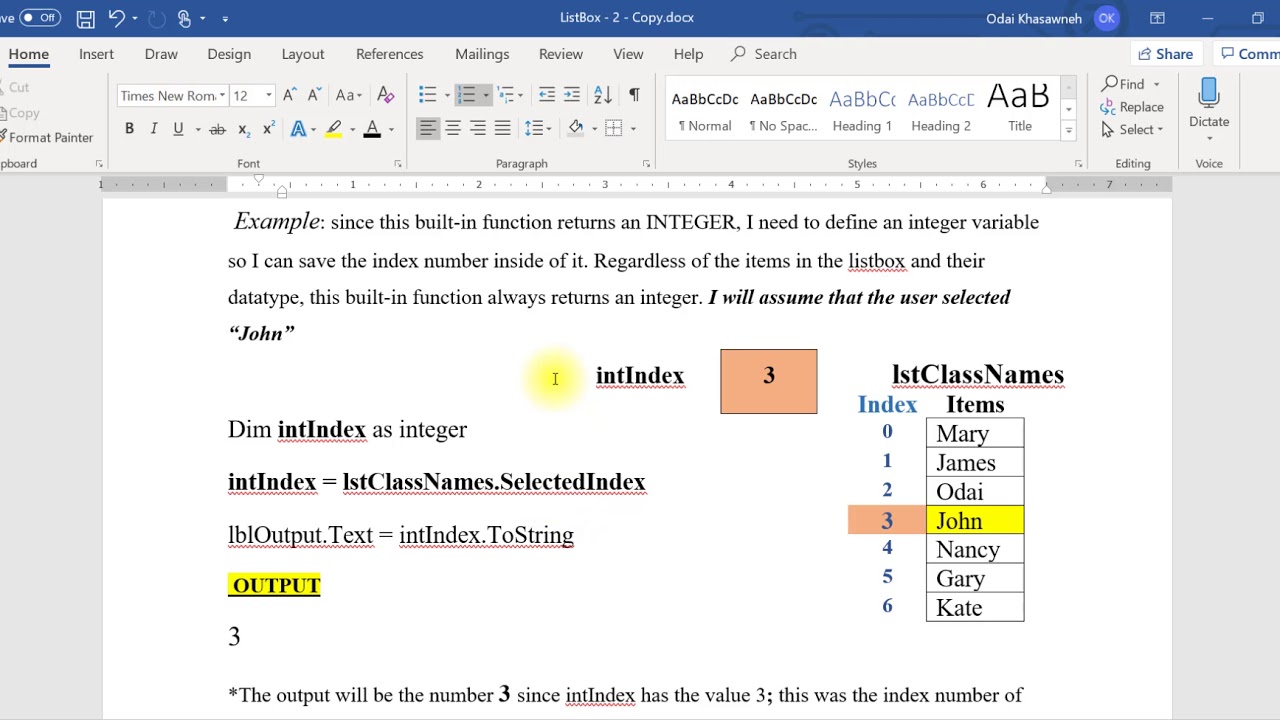 ListBox Selected Item and Selected Index Functions