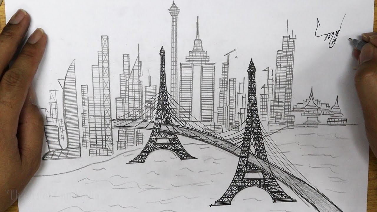 HOW TO DRAW THE EIFFEL TOWER |How to draw a bridge and a beautiful city |The art of Cambodia| France