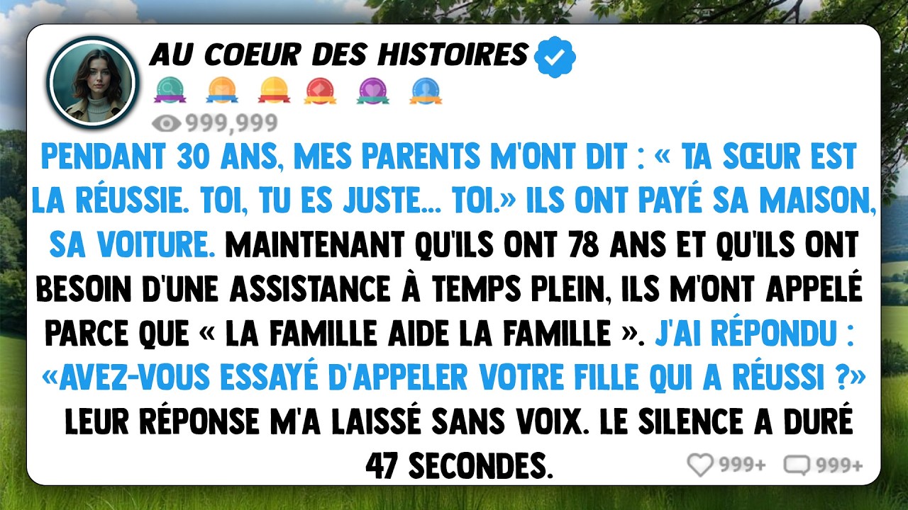 Pendant 30 ans, mes parents m'ont dit : « ta sœur est la réussie. Toi, tu es juste... Toi. » ils ont