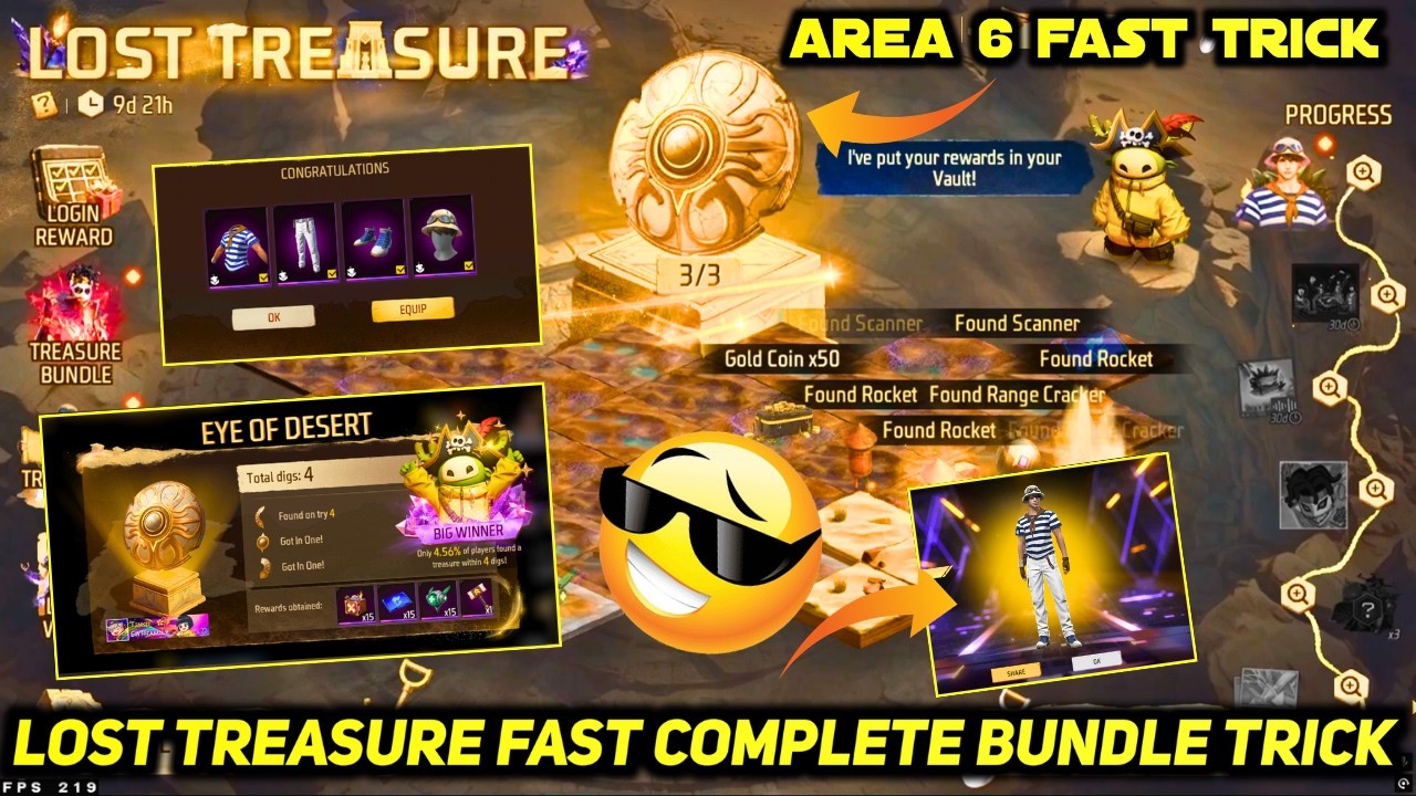 LOST TREASURE EVENT TRICK | FREE FIRE LOST TREASURE EVENT TRICK AREA 6 KO KAISE COMPLETE KAREN