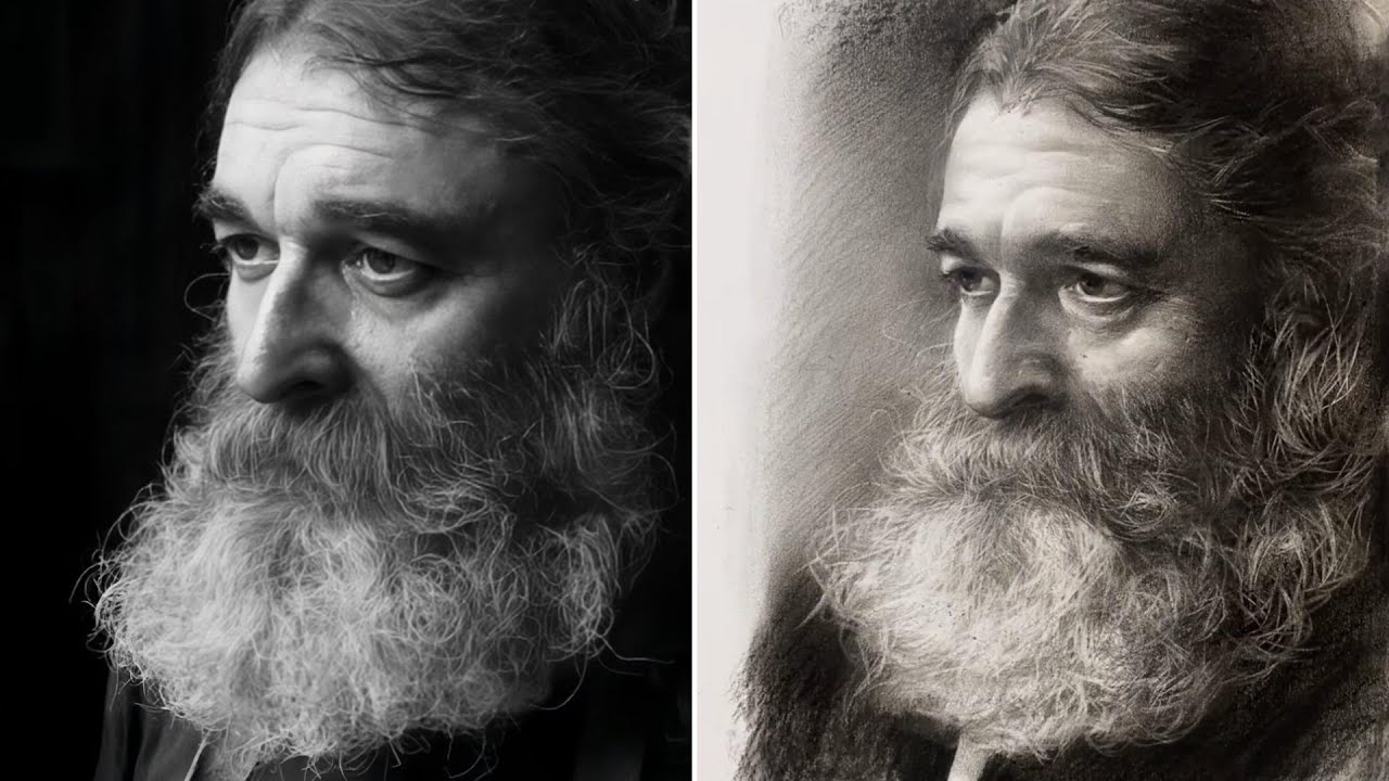 Drawing An Old Man with Big Beard Using Reference Photo ∥ Sketch Drawing