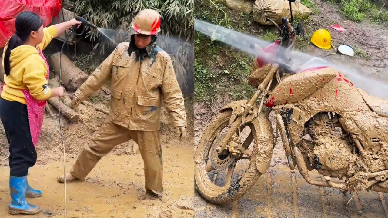 😲The Muddy Mountain Road Turned The Motorcycle Into A Mud Truck; Clean It Up Quickly! #funny #help