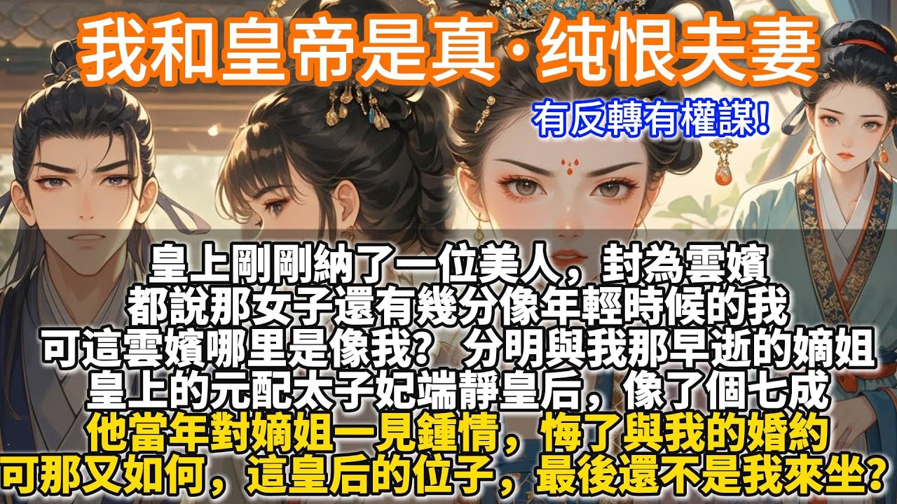 完結權謀宮鬥文：我和皇帝是真·纯恨夫妻。皇上剛剛納了一位美人，封為雲嬪。 都說那女子還有幾分像年輕時候的我。可這雲嬪哪里是像我？分明與我那早逝的嫡姐，皇上的元配太子妃端靜皇后，像了個七成。可那又如何