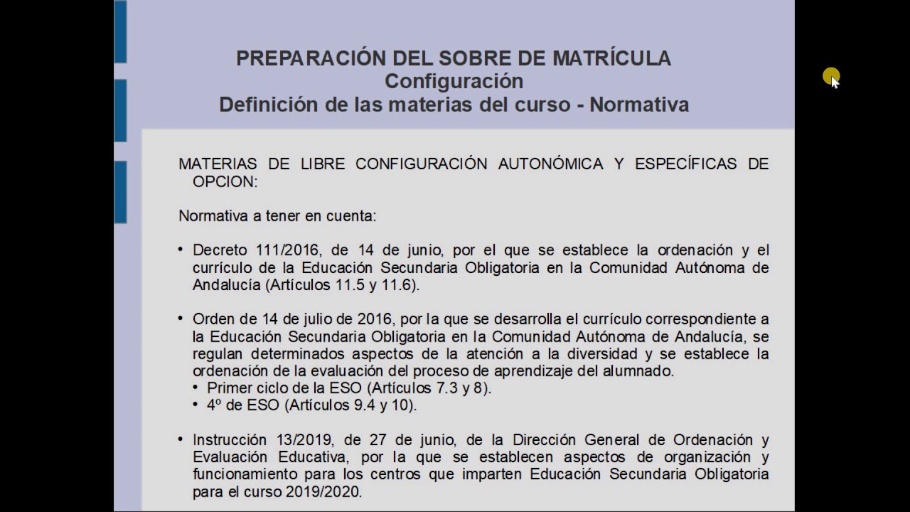 Configuración del sobre electrónico de matrícula