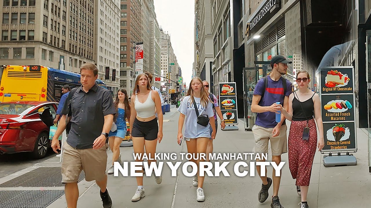 New York Manhattan Summer Walk, 7th Avenue, Broadway, 8th Avenue, 42nd Street and Bryant Park, 4K