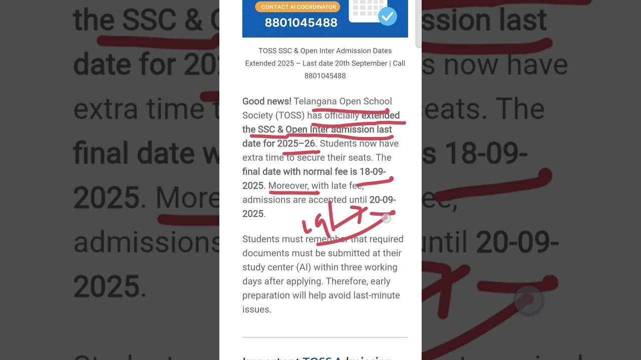 Telangana Open School SSC & Inter Admission Extended | Apply Now 2025