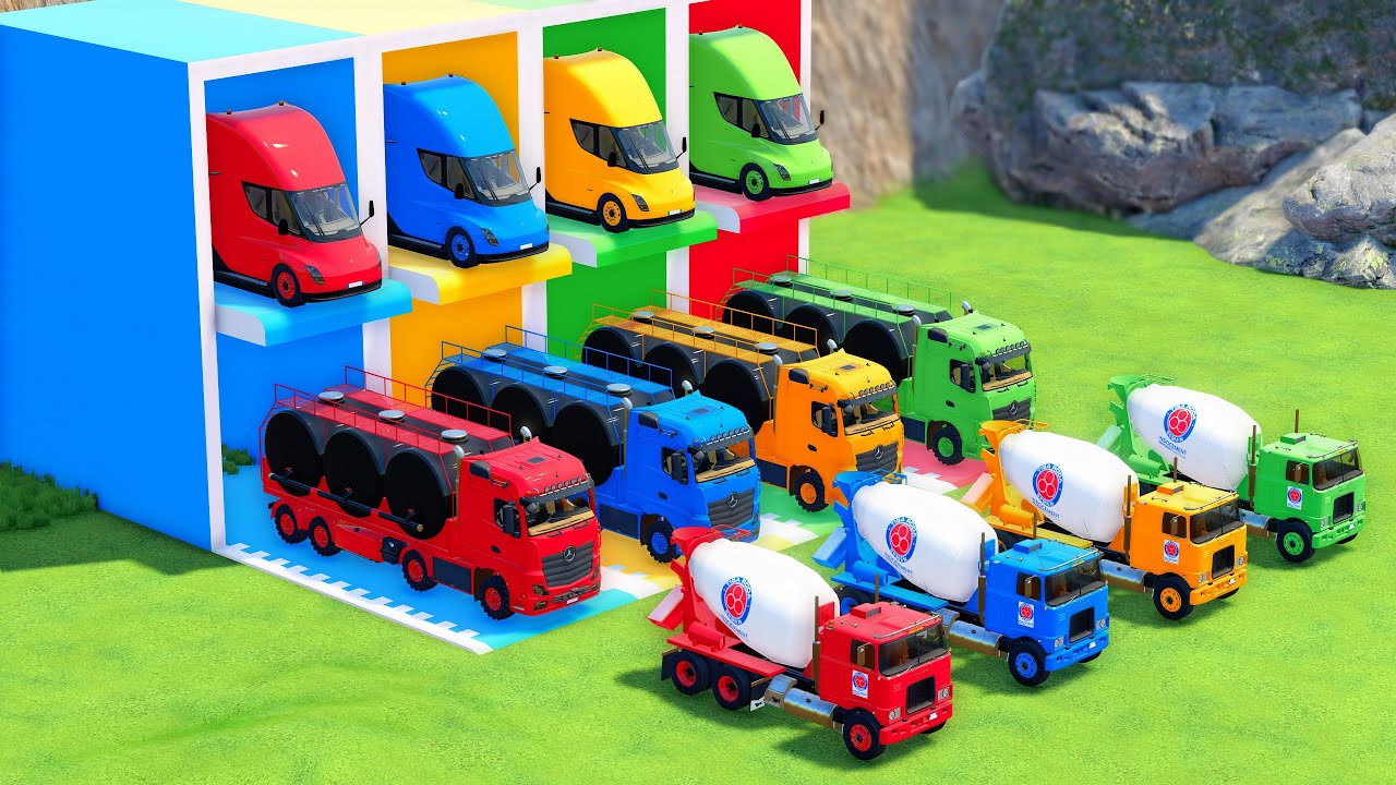 TRANSPORTING DOUBLE FLATBED TRAILER TRUCK, COLORFUL MACK MIXER TRUCK, MAN, SCANIA, MERCEDES - FS22