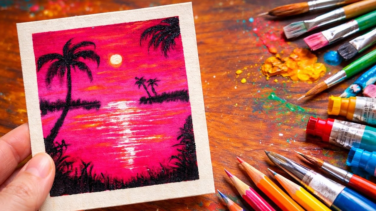 🔥 Pink Sunset Canvas Painting | Easy Acrylic Art 🌴✨ | # acrylic painting sunset #2026 #simple