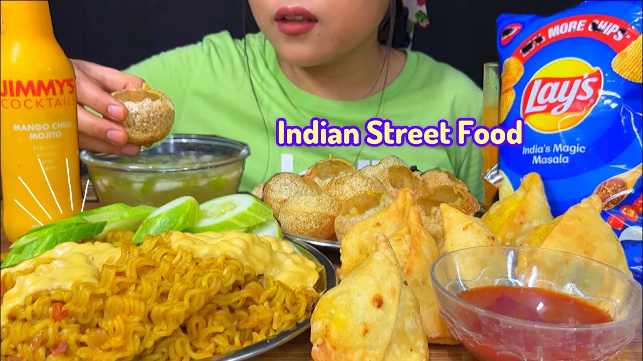Eating Samosa, Panipuri, Maggi & Lays | ASMR Eating | Mukbang | Big Bites | Indian Street Food |