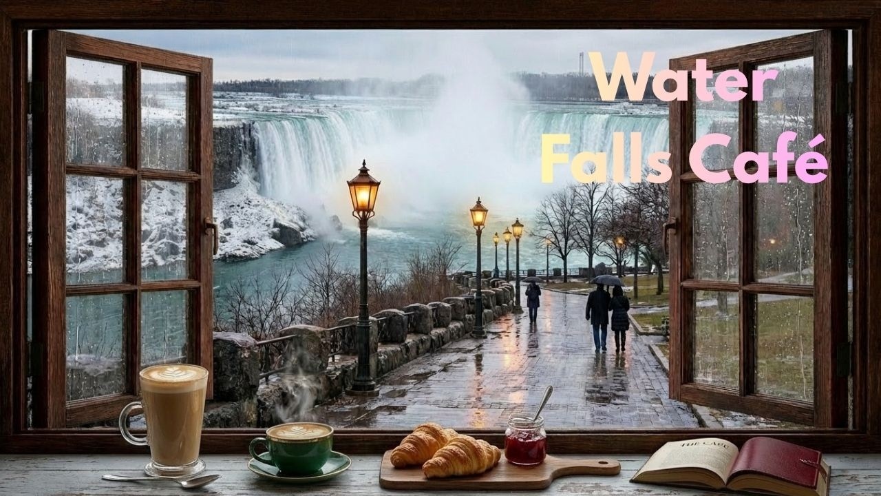 Water Falls Winter Coffee Shop — 4 Hours Deep Focus Music | Study & Work Ambience