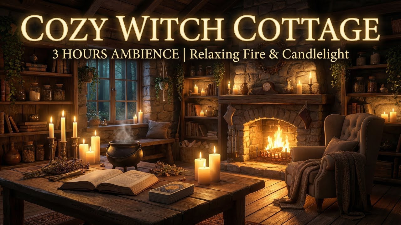 3 Hours of Cozy Witch Cottage Ambience | Relaxing ASMR Fire & Candlelight Sounds for Magic & Sleep