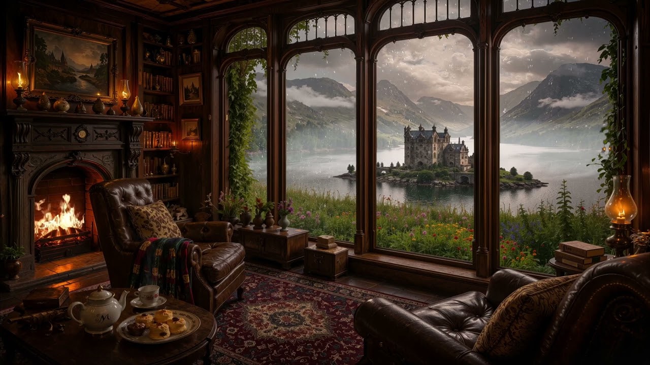 Cozy Scottish Castle Library Ambience: Rainy Highlands Loch, Crackling Fire & Celtic Folk Music 3hrs