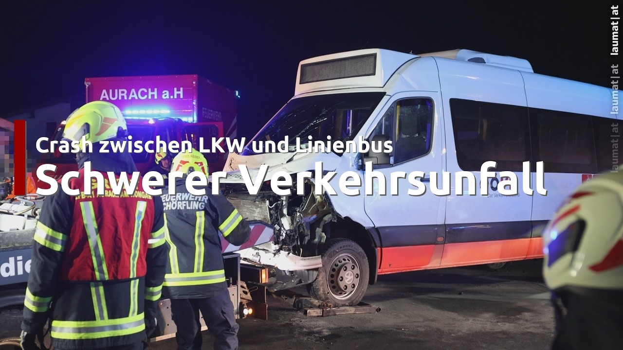 Schwerer Crash zwischen Linienbus und LKW-Sattelzug bei Lenzing an der Ager