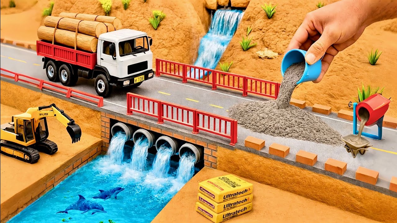 DIY Mini Tractor Builds a Strong Brick and Concrete Bridge for Trucks After a Crocodile Destroyed It