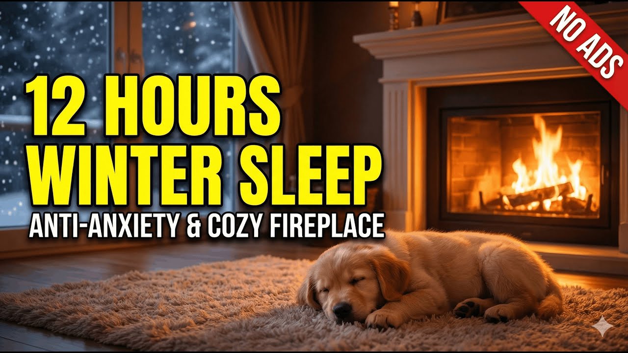 12 Hours Winter Dog Sleeping Music ❄️ Anti Separation Anxiety Relief ☃️ Cozy Fireplace | No Ads