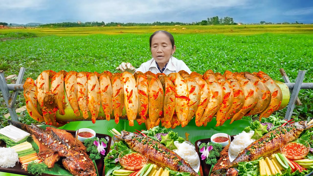 Giant Catfish Grill with Wild Spicy Sour Recipe. Easy Cooking with Tan Grandma | Tan Grandma Vlog