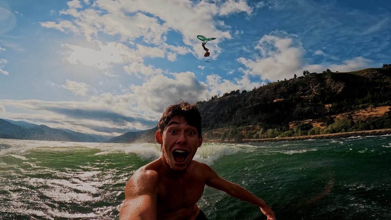 PRONE foil surfing in a RIVER! + Chris MacDonald jumping over me on a wing foil